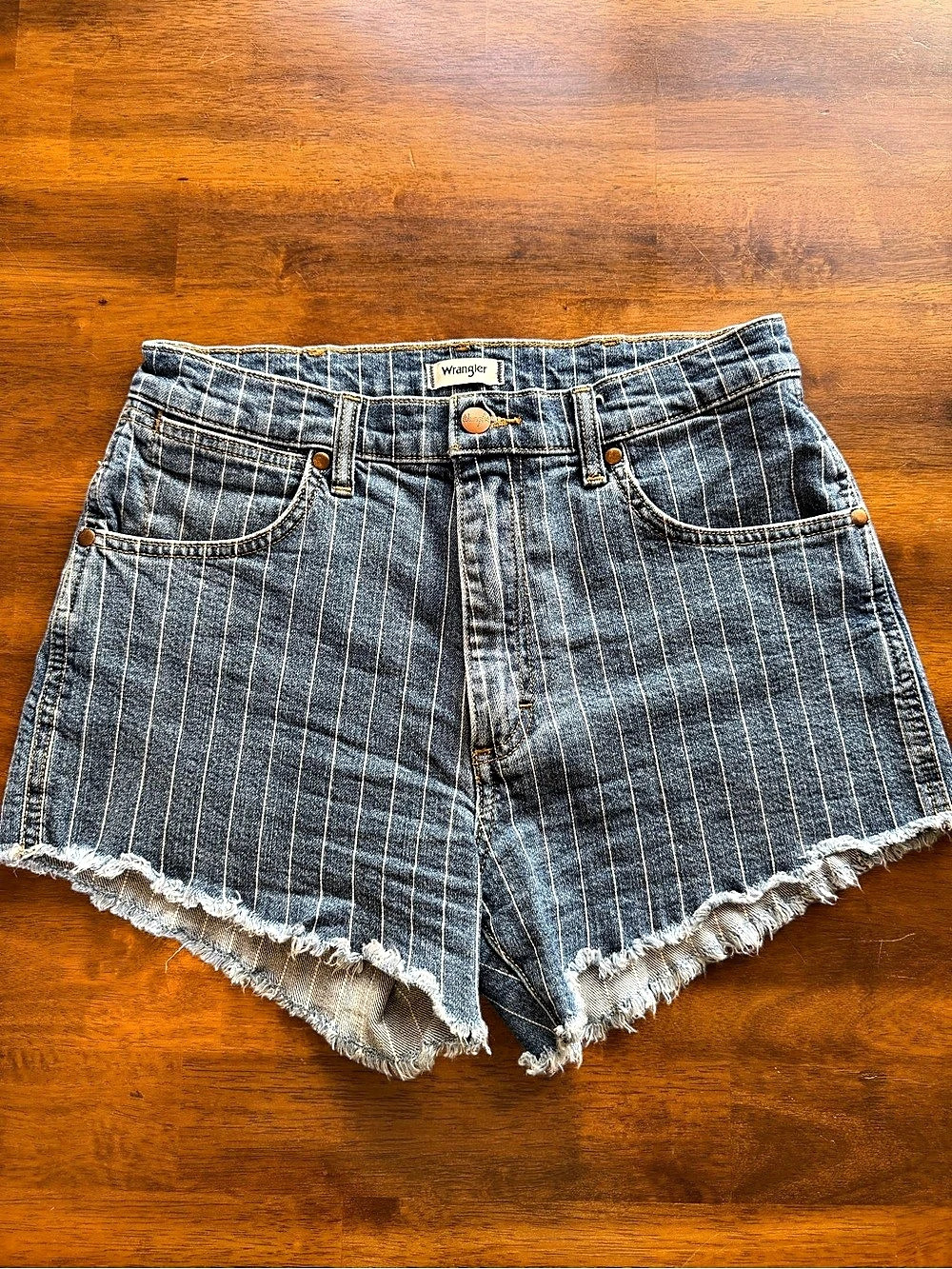 Wrangler High Rise Pinstripe Denim Shorts Striped Denim Jean Shorts in Blue